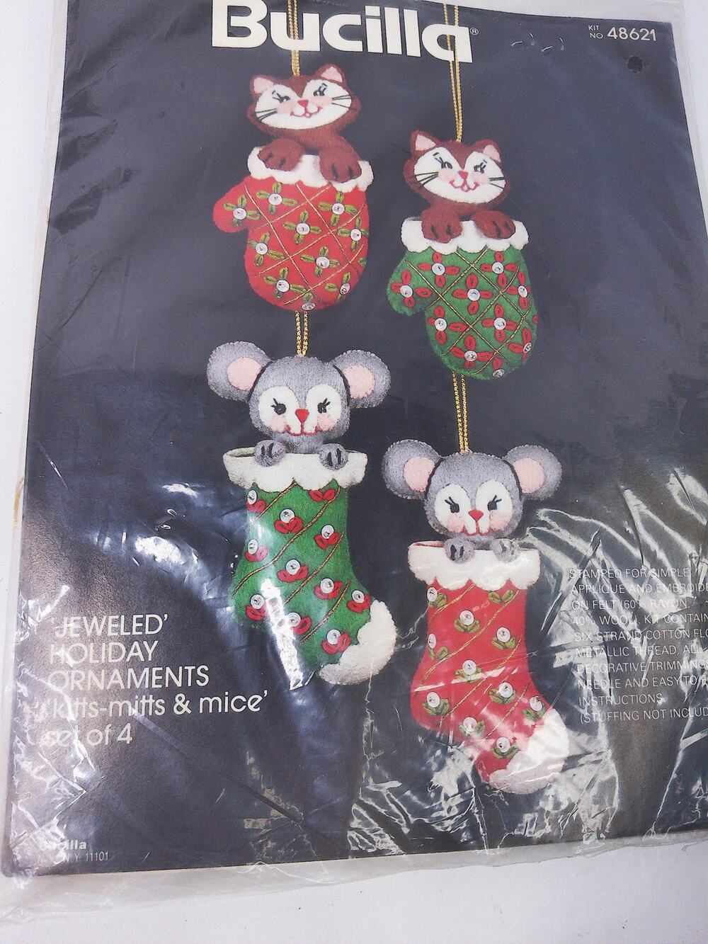 Vintage Bucilla Jeweled Holiday Ornaments Kitts Mitts And Mice Set of 4 No 48621